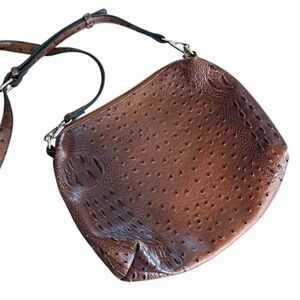 Faux ostrich leather brown crossbody clutch gold hardware